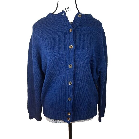 Vintage Pendleton 100% Wool Blue Knit Cardigan Button Front Elbow Patches Sz S - Picture 1 of 9